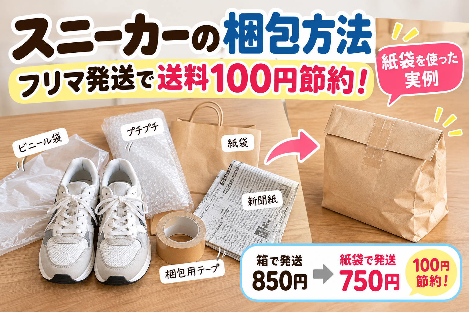 フリマで売れたスニーカーをビニール袋・プチプチ・紙袋・新聞紙で梱包し、送料を850円から750円に節約した方法